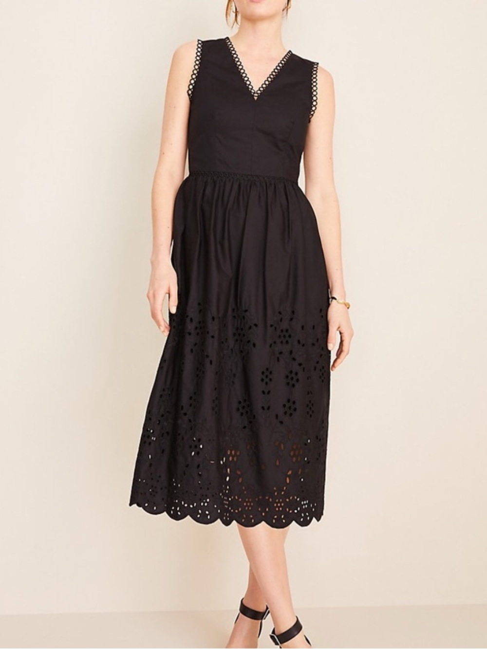 ANN TAYLOR Black, Cotton LBD with Eyelet Lace Trim, Fit&Flare style, 10P, EUC